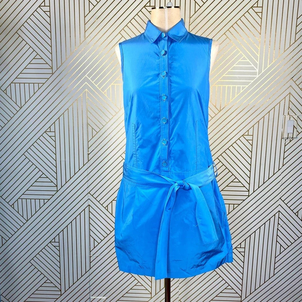 Adam Lippes Adam Plus Eve Shirt Dress Sleeveless Mini Button Tie Blue Size 6